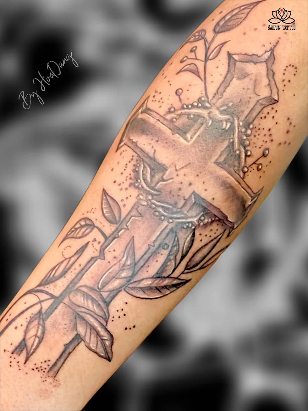 Rose and cross tattoo with illustrative linework by HoaDang